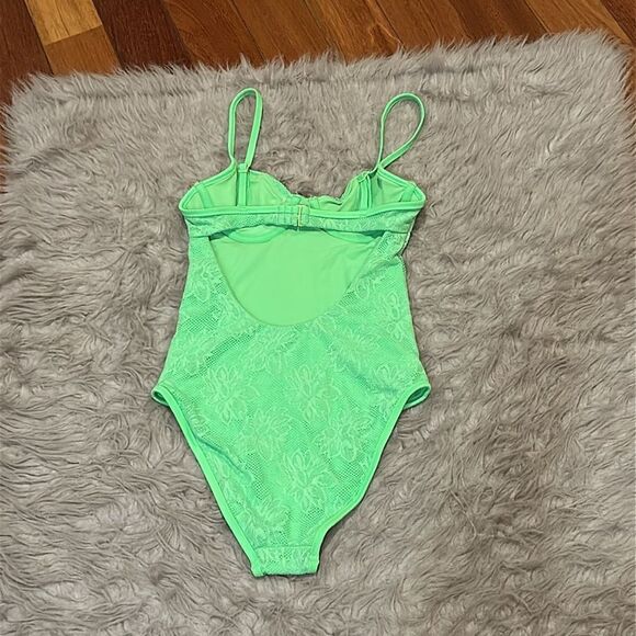 NWT Aerie one piece full coverage bright lime green lace upf 50 swimsuit - Picture 6 of 7